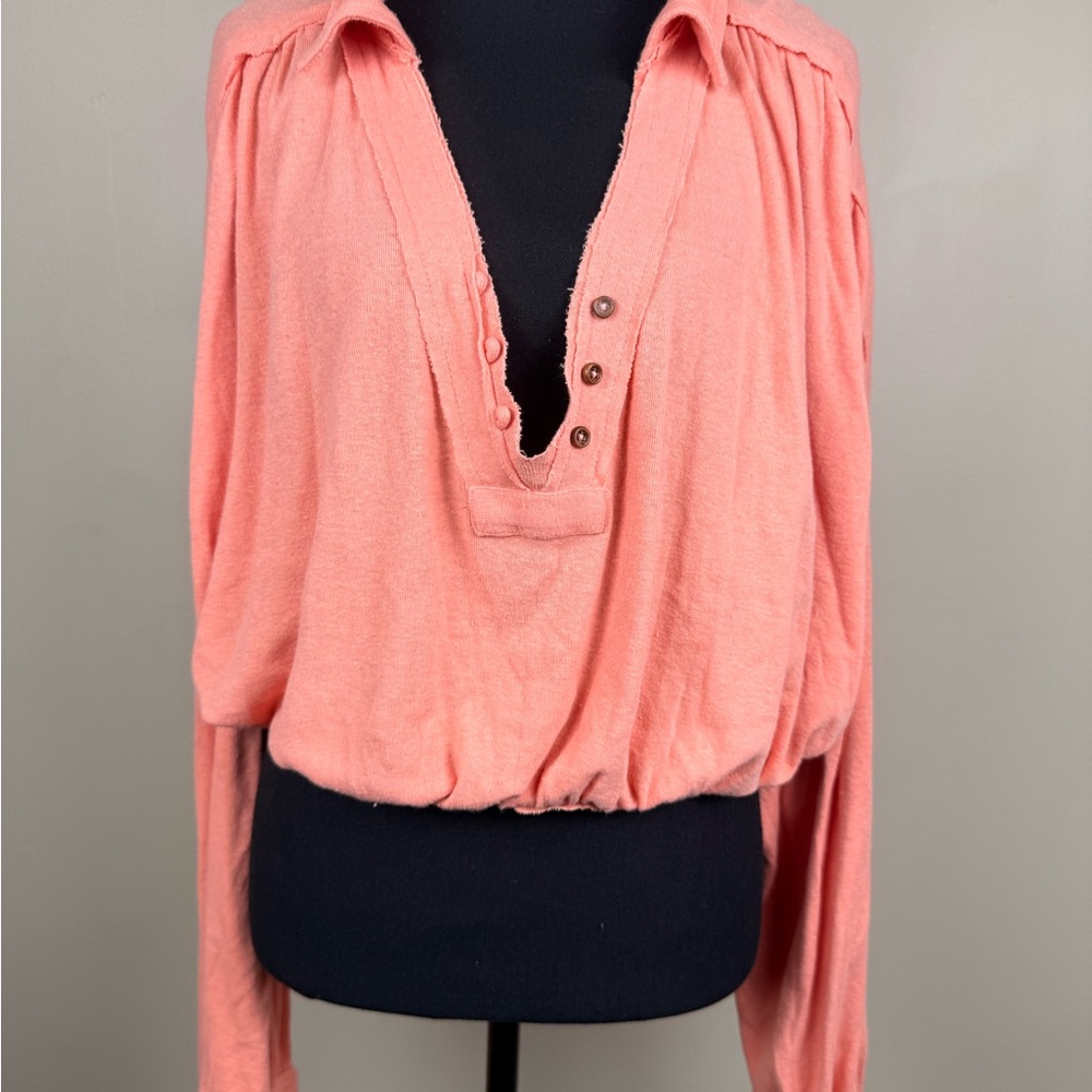Free People Coral Button-Trim Blouson Pullover